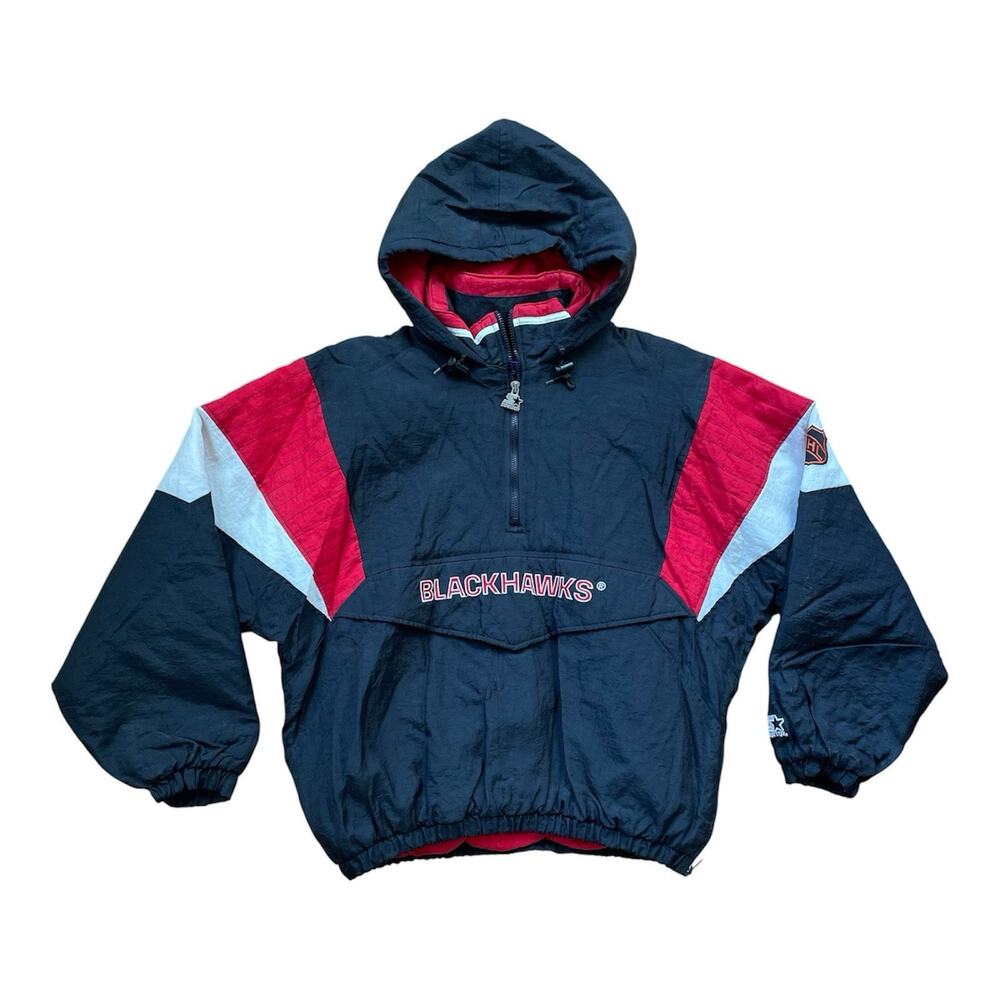 Vintage Starter Chicago Blackhawks Pullover Jacket Hockey Coat Men Size XL Black